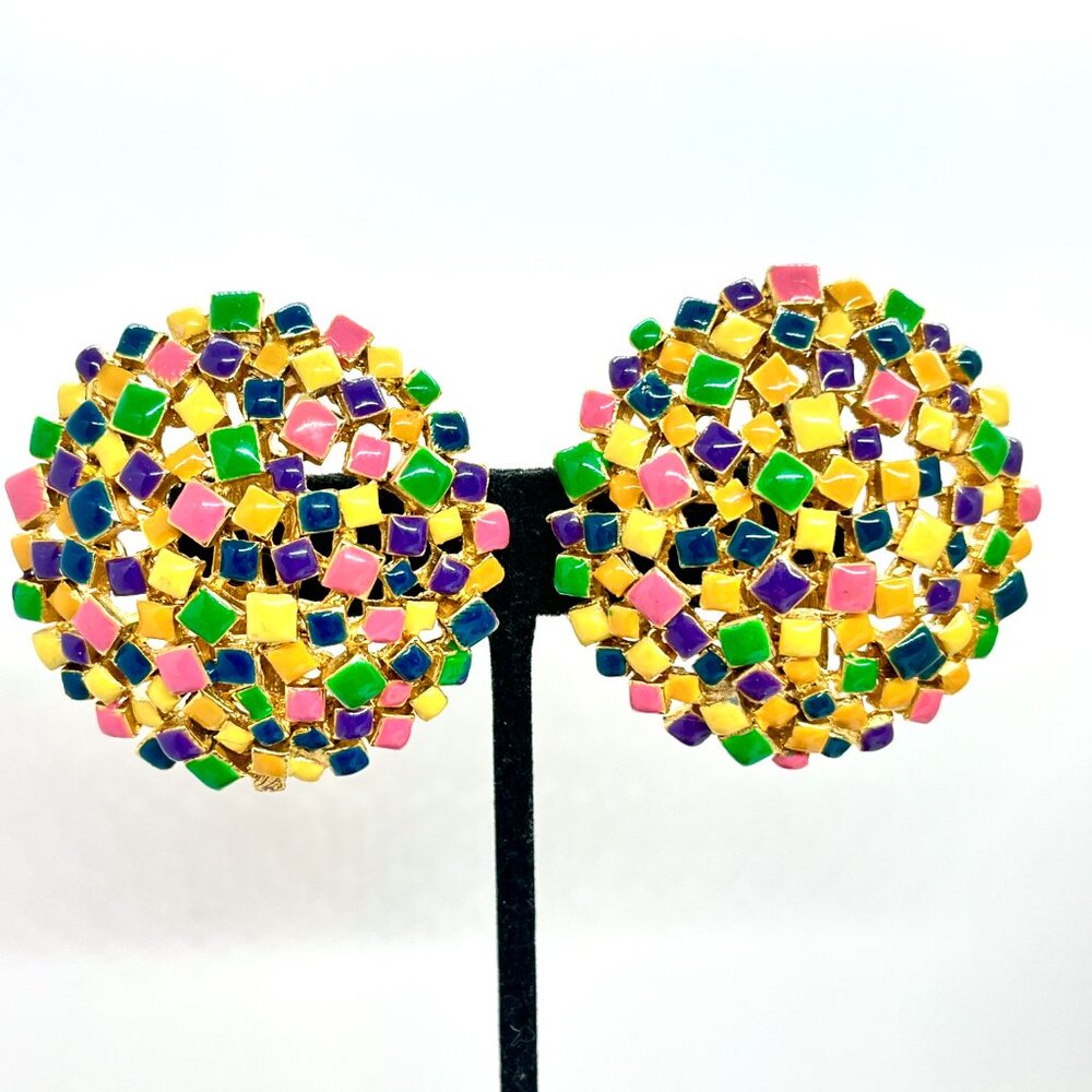 Vintage 80s CRAFT Enamel Confetti Clip Earrings Bold Statement Gold Tone RARE